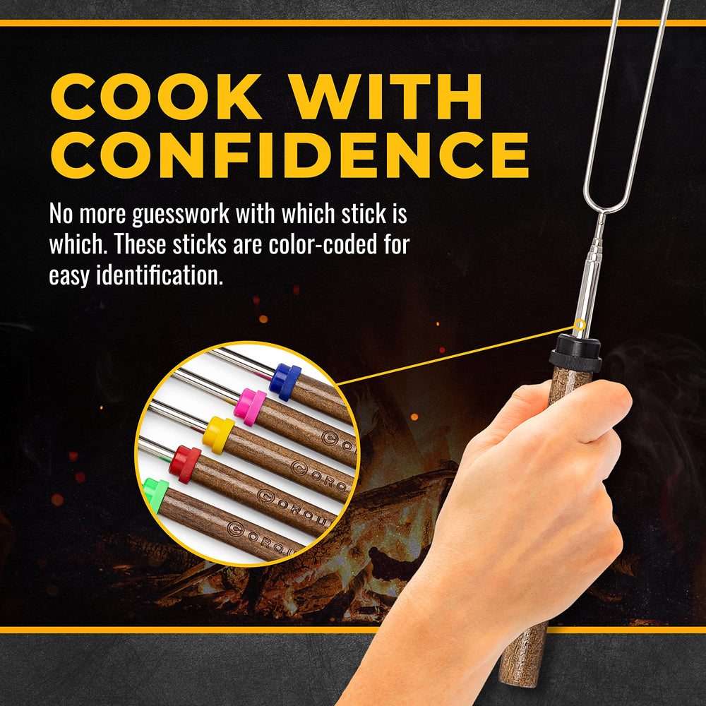 User roasting marshmallows with CORQUE skewers over fire
