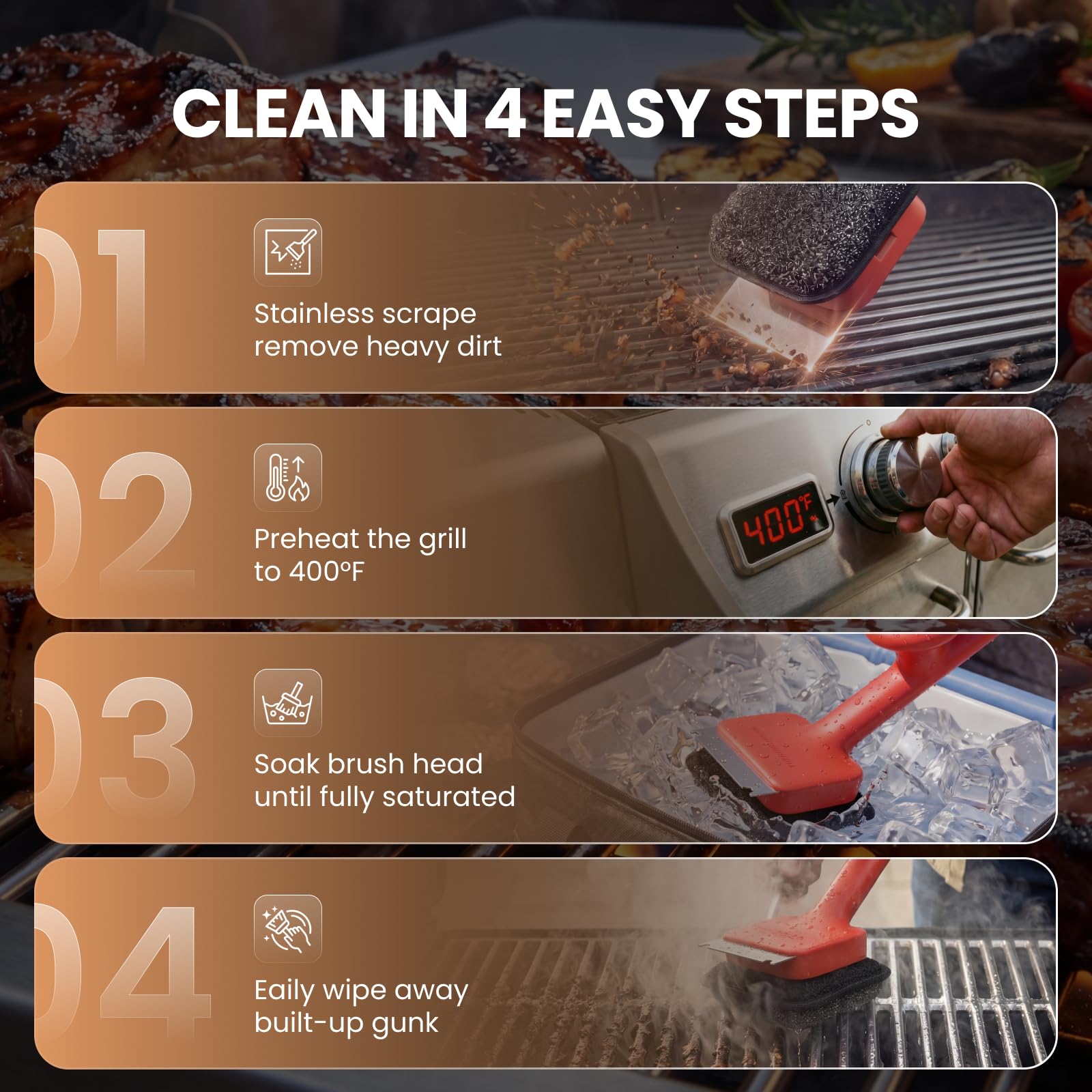 User scrubbing a grill with the ThermoMaven brush
