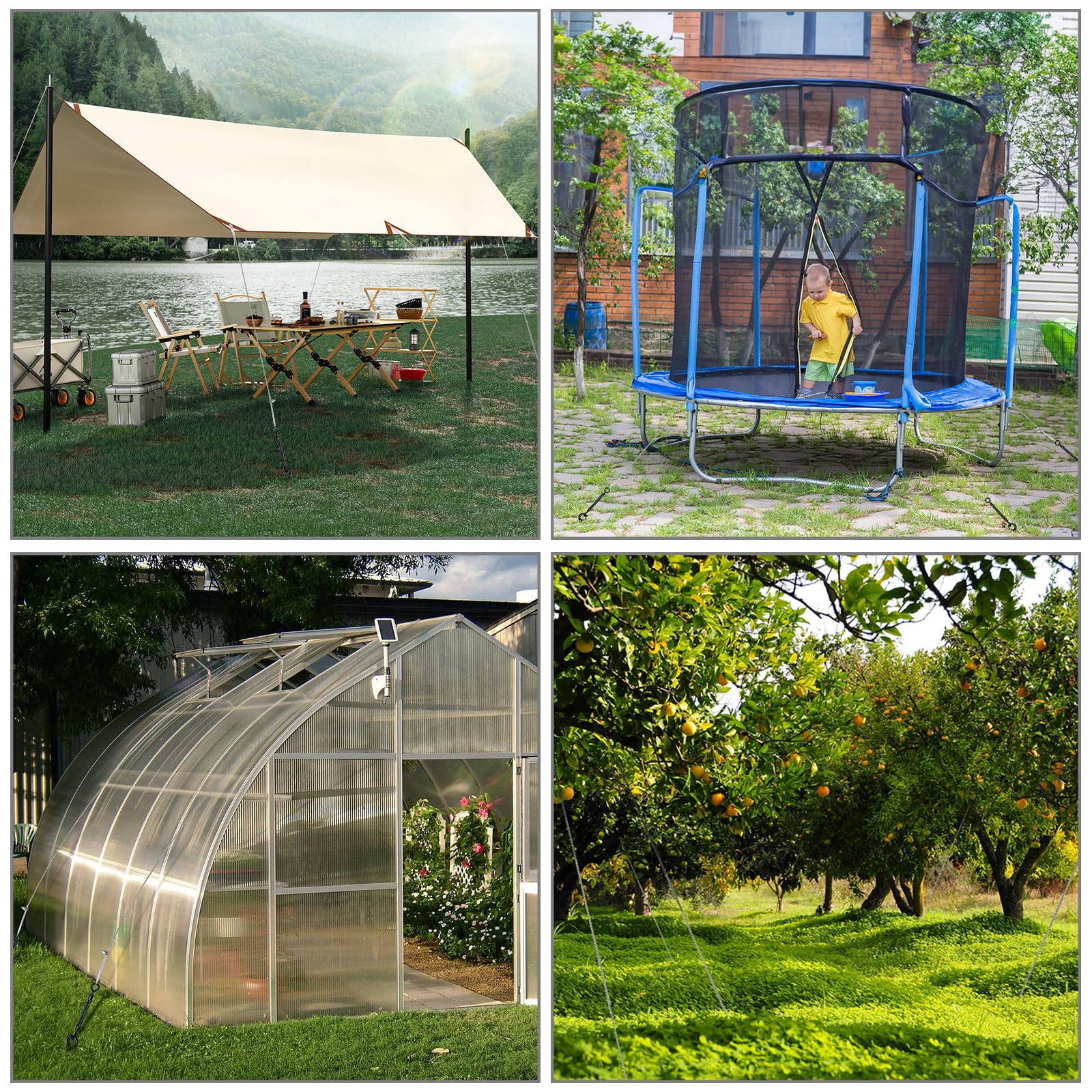 User securing trampoline with hannger ground anchor kit