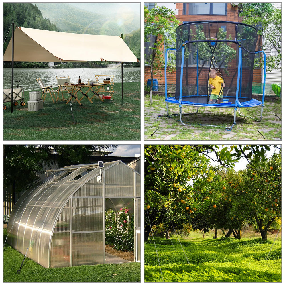User securing trampoline with hannger ground anchor kit