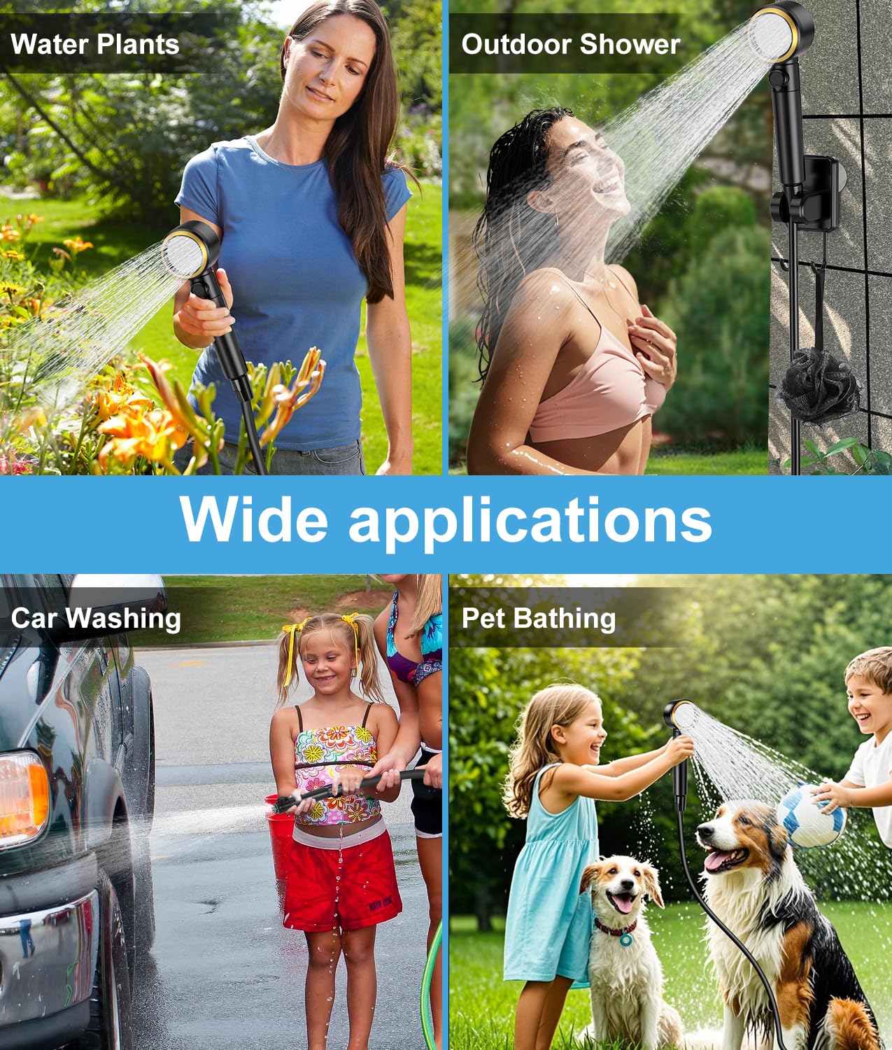 User washing a dog with WADEO portable shower