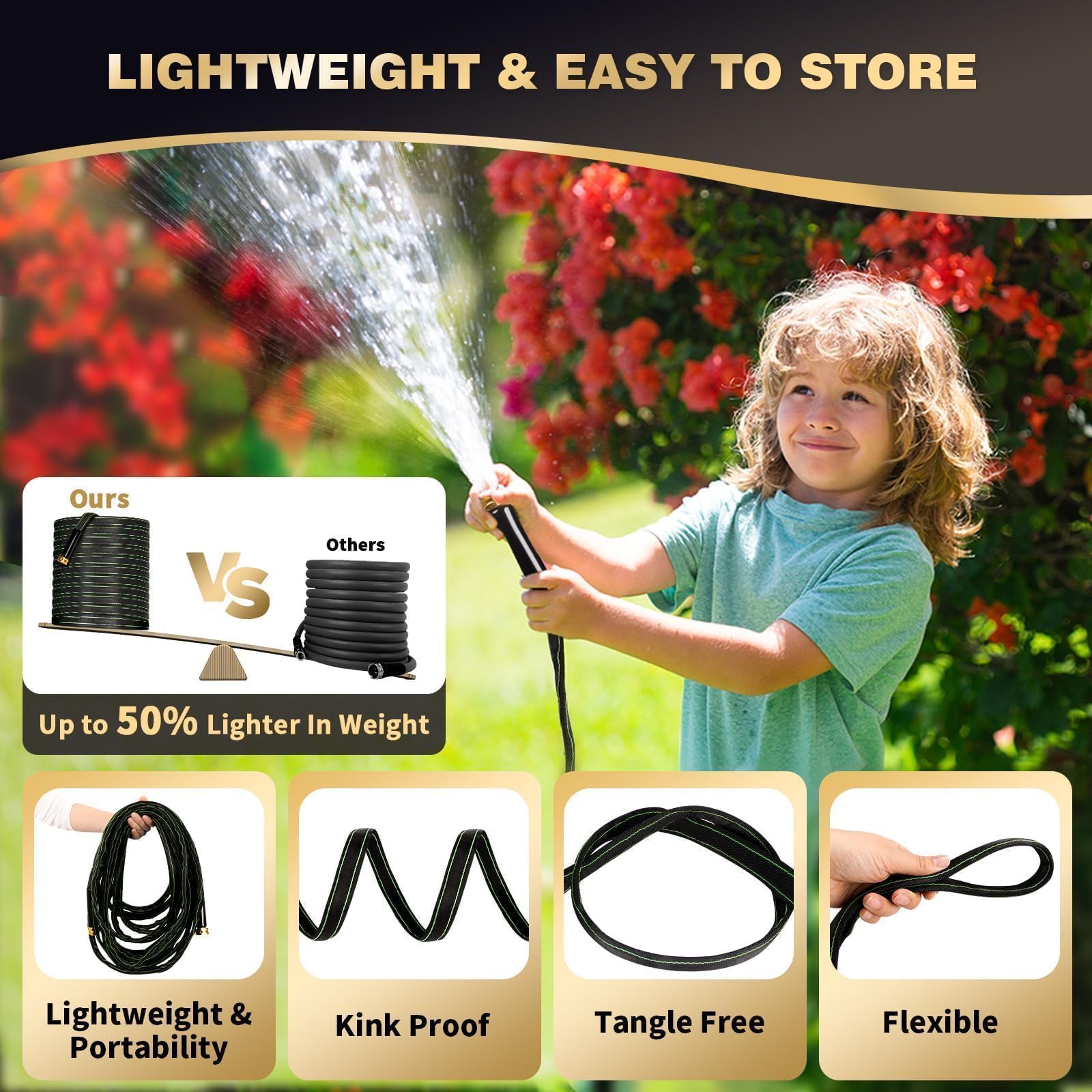User watering plants with Ahititi 100 ft garden hose