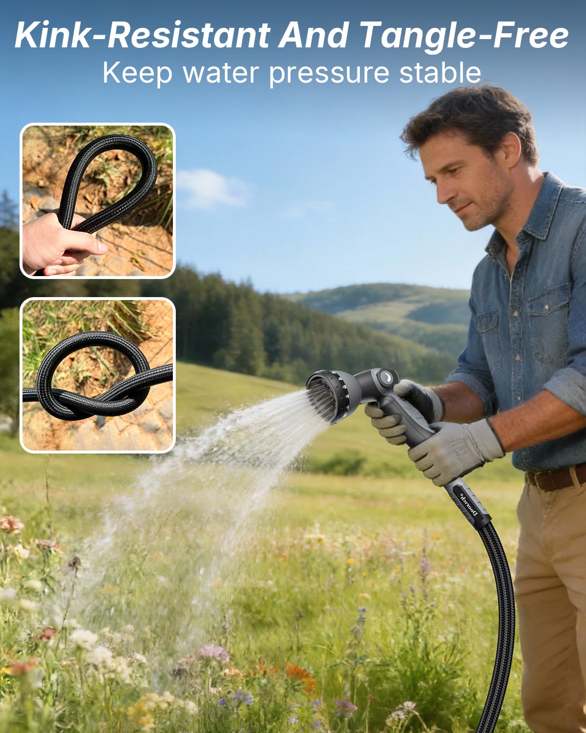 User watering plants with Doorich 100FT garden hose