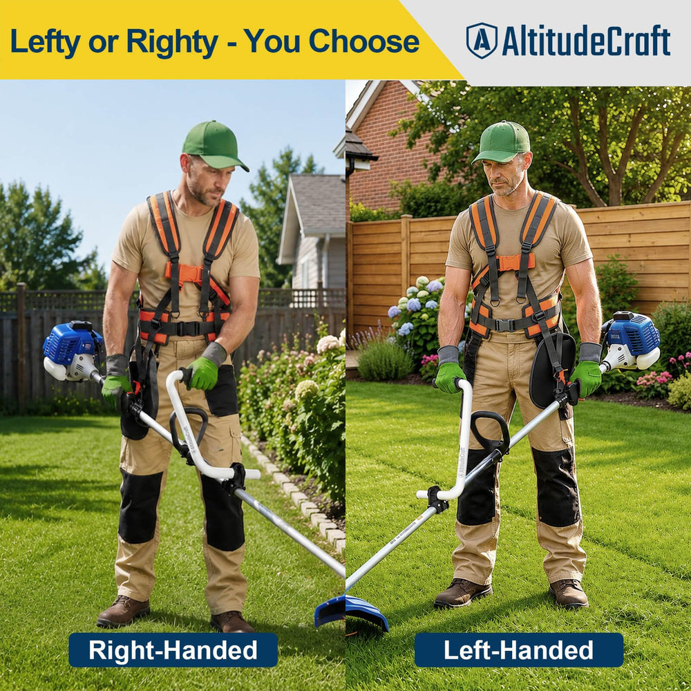 User wearing AltitudeCraft trimmer harness while trimming lawn