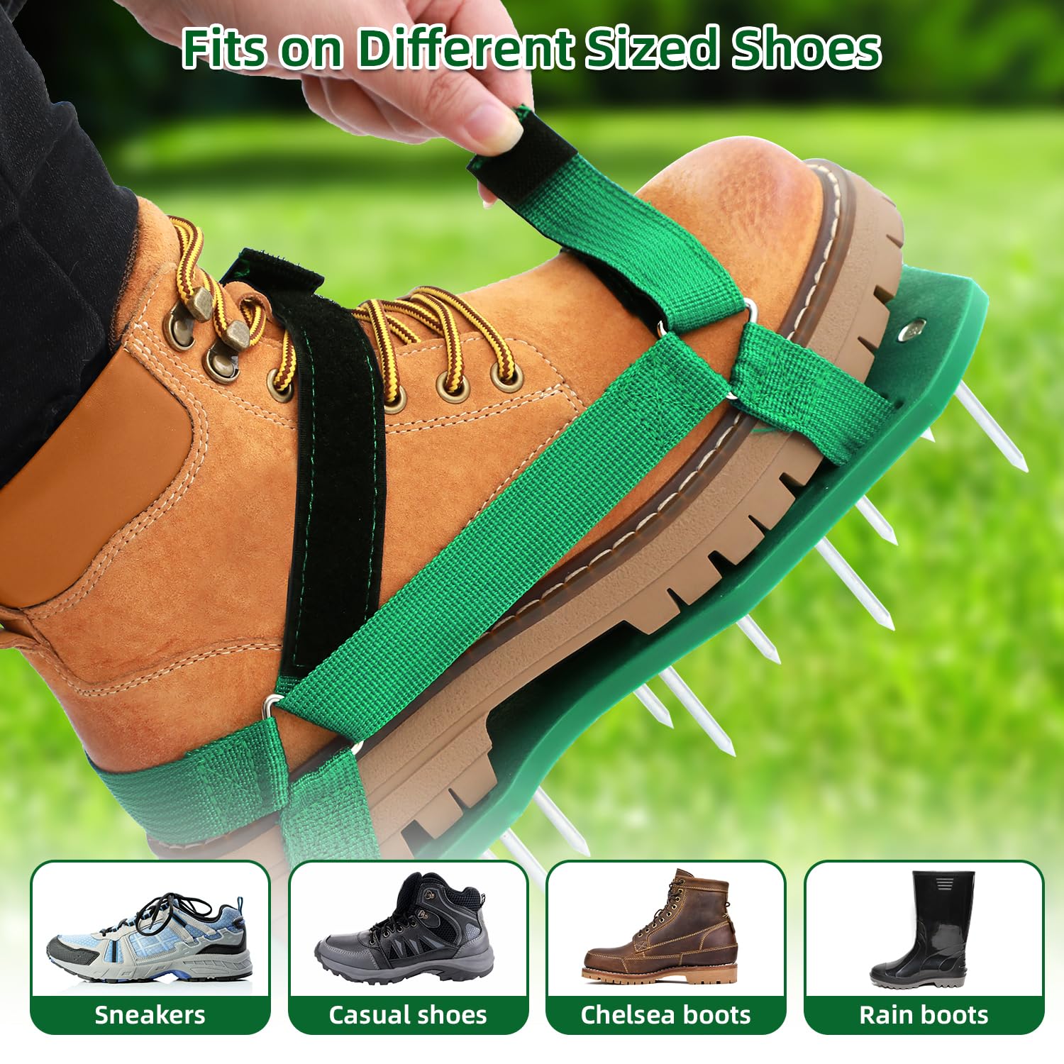 User wearing Ohuhu Lawn Aerator Shoes while aerating lawn