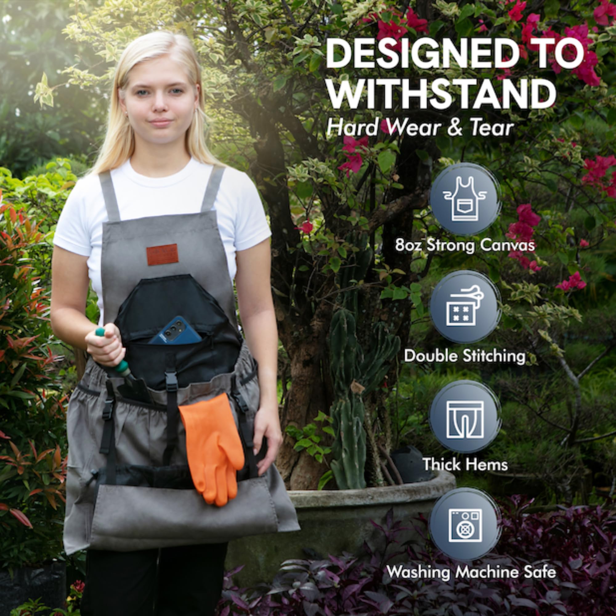 User wearing the Gardening Apron while harvesting vegetables