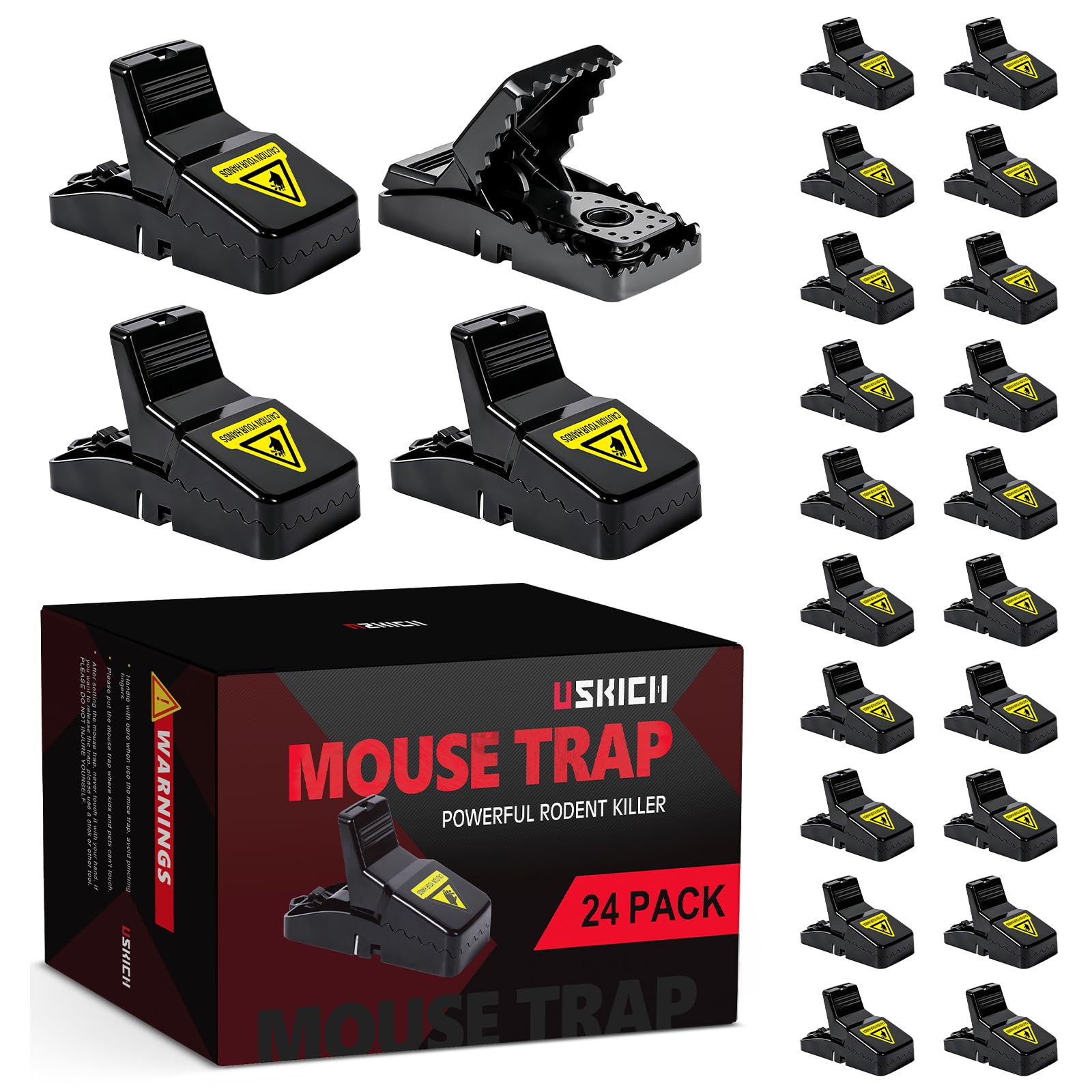 USKICH 24 Pack Mouse Traps indoor black model front view