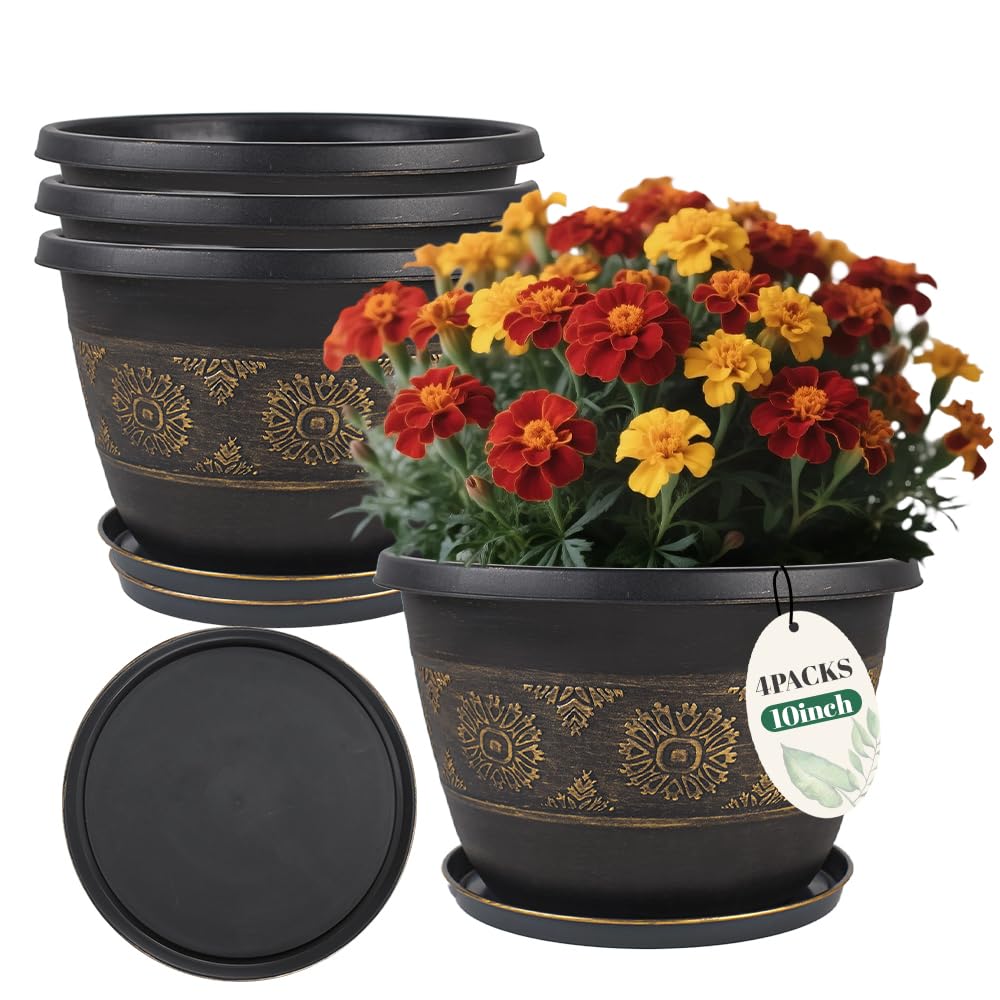 Usocik 10 Inch Gold Retro Floral Plant Pot front view