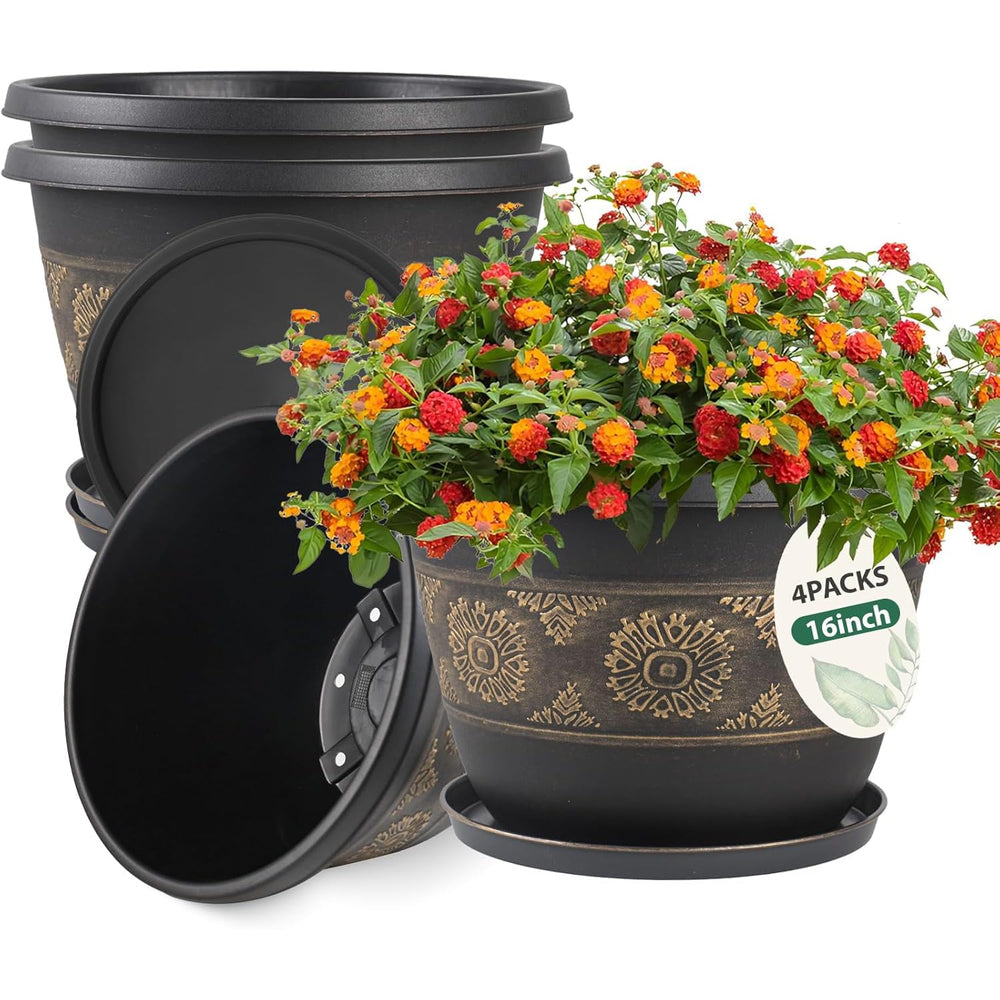 Usocik 16 Inch Outdoor Planter with gold retro floral design front view