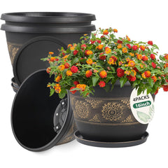 Usocik 16 Inch Outdoor Planter with gold retro floral design front view