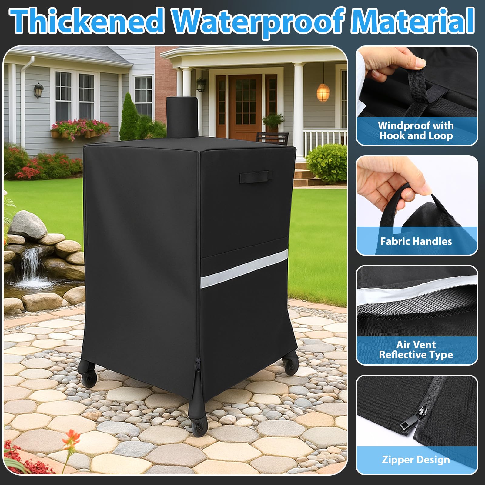 Utheer Smoker Cover in outdoor setting protecting a Pit Boss smoker