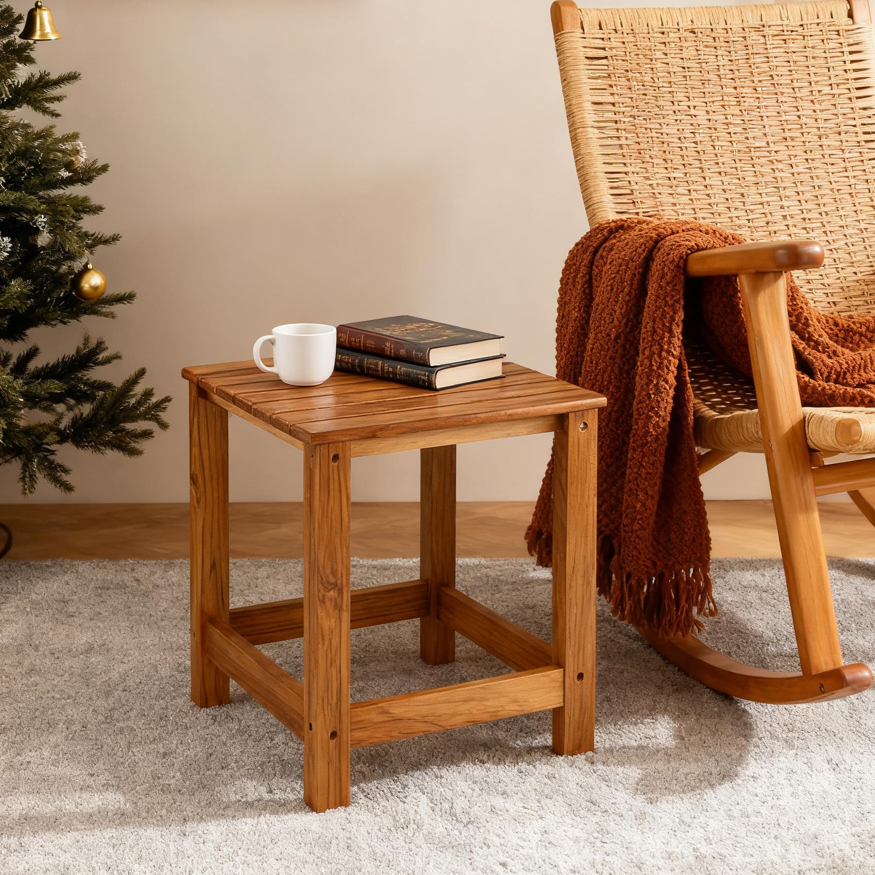 Utoplike Teak Outdoor Side Table with coffee and fruit