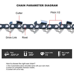 V-MODEST chainsaw chain packaging with product specifications