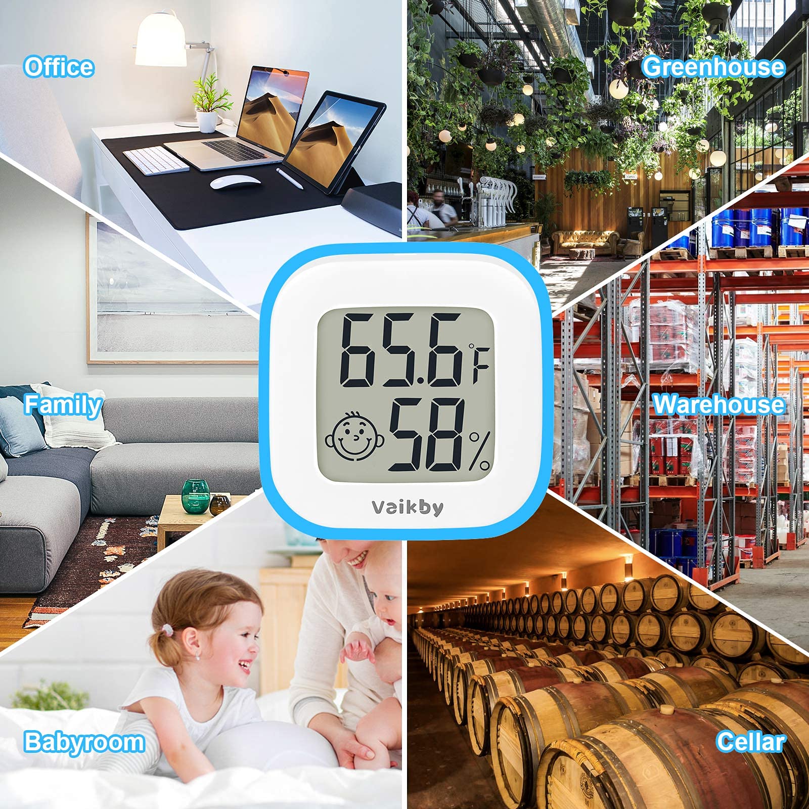Vaikby thermometer with visible comfort level emoji indicator