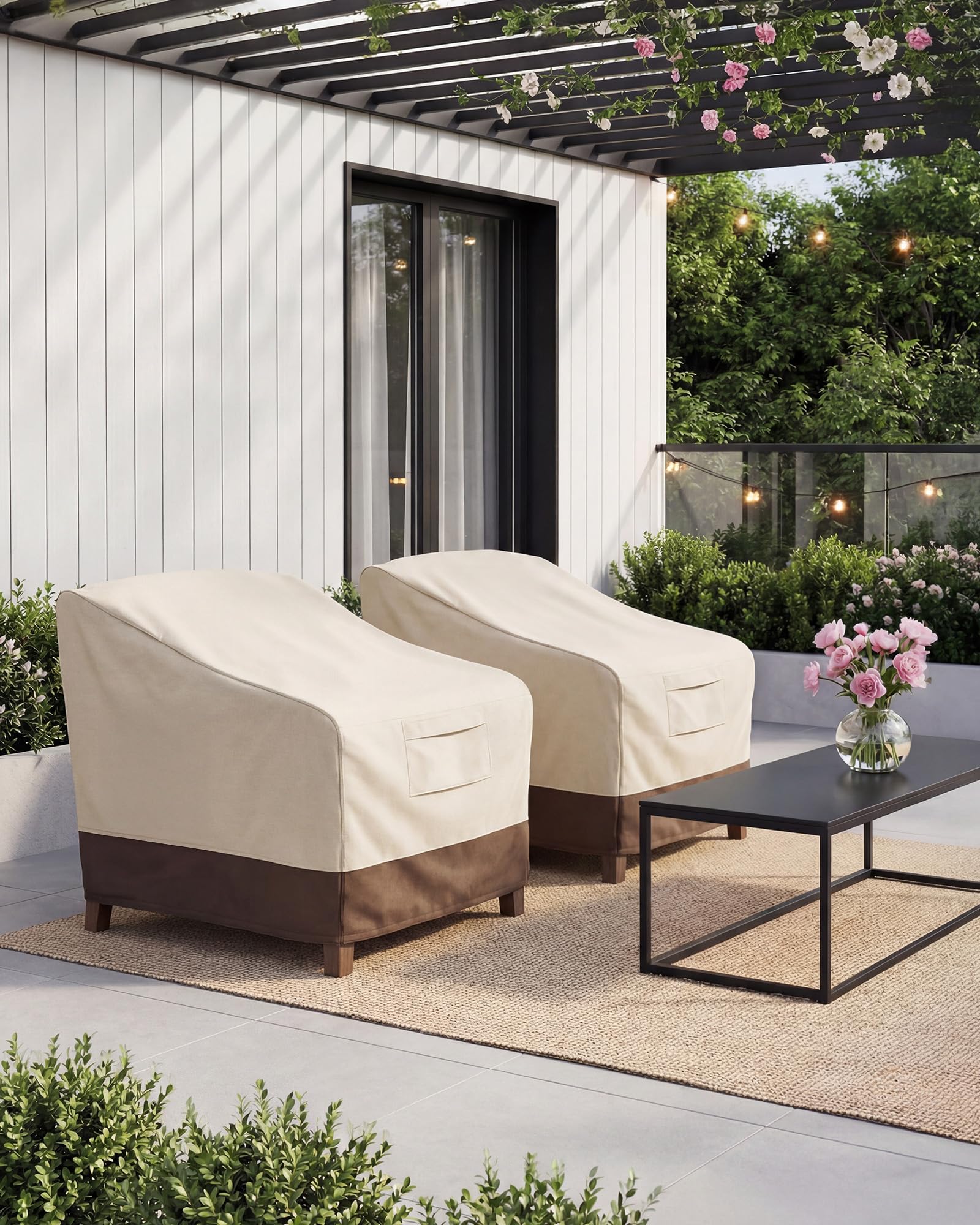 Vailge patio chair cover in beige and brown, side view