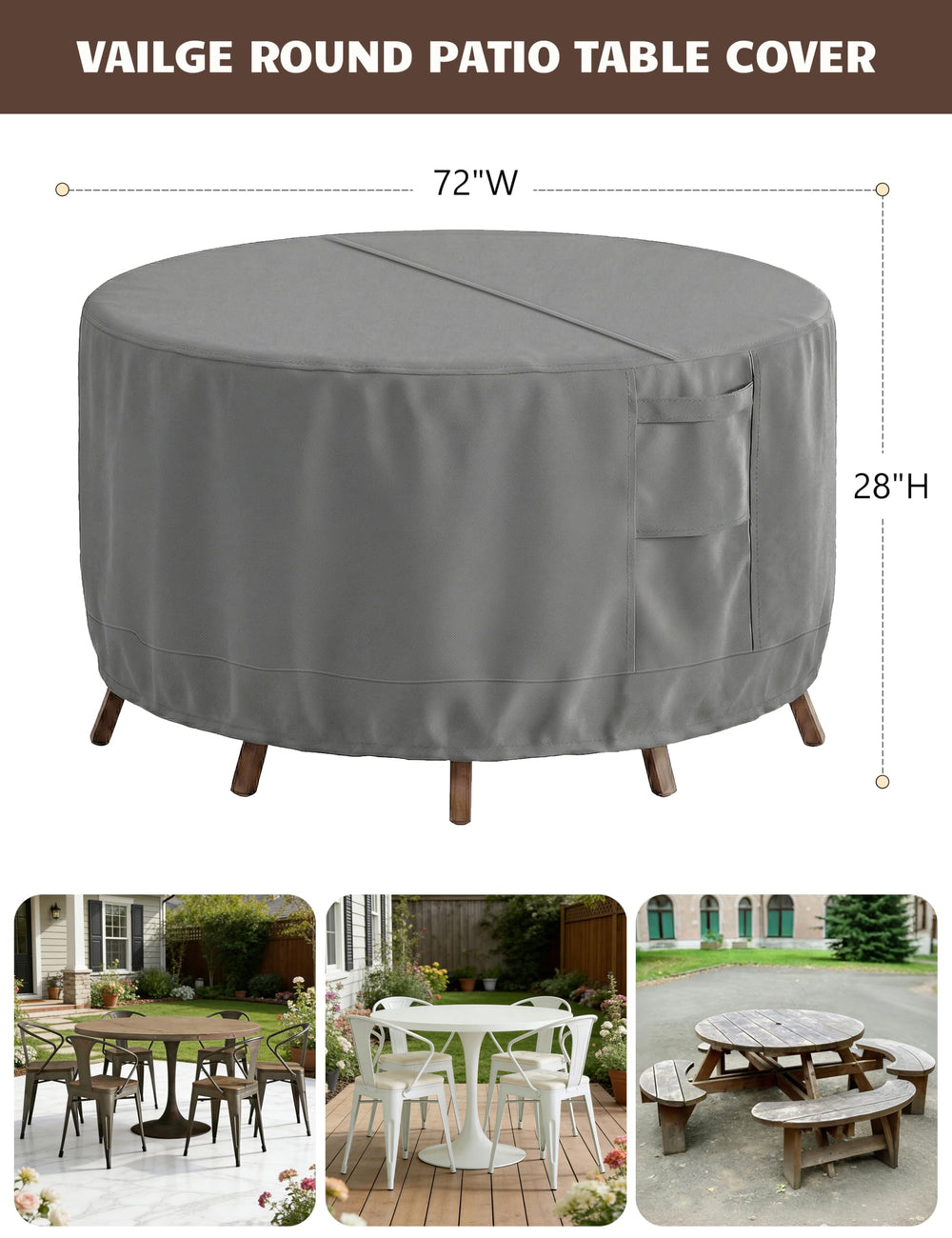 Vailge round patio table cover 72" diameter grey side view