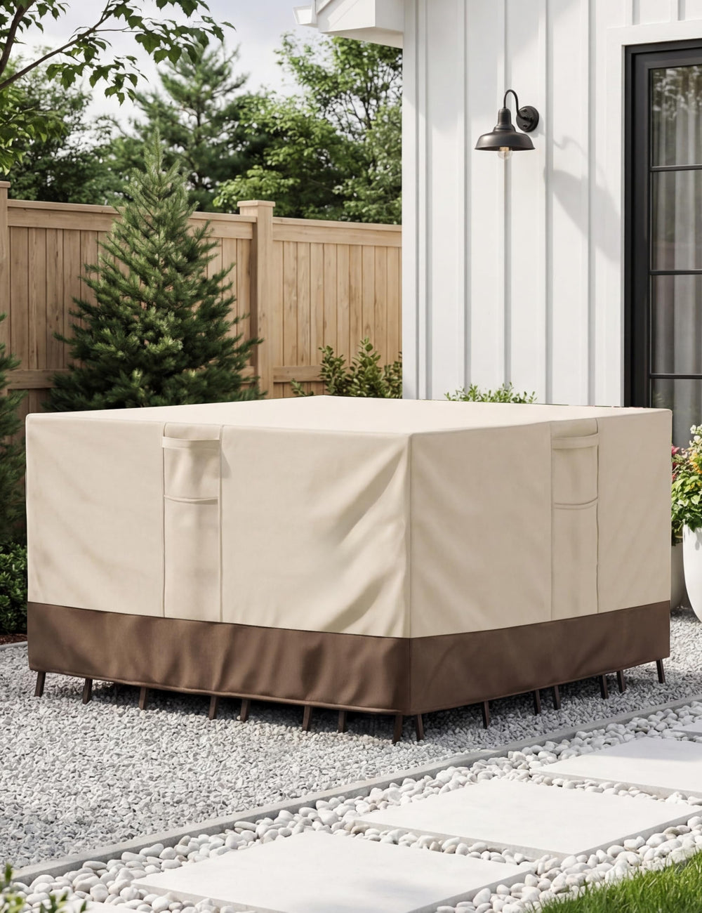Vailge Square Outdoor Table Cover secured on a patio table outdoors