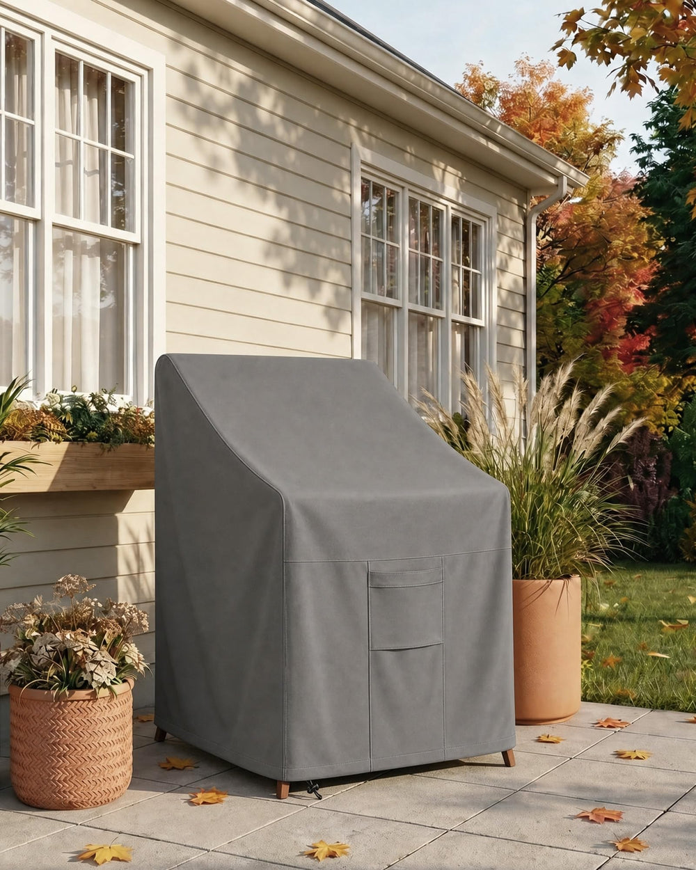 Vailge stackable chair cover in grey with dimensions