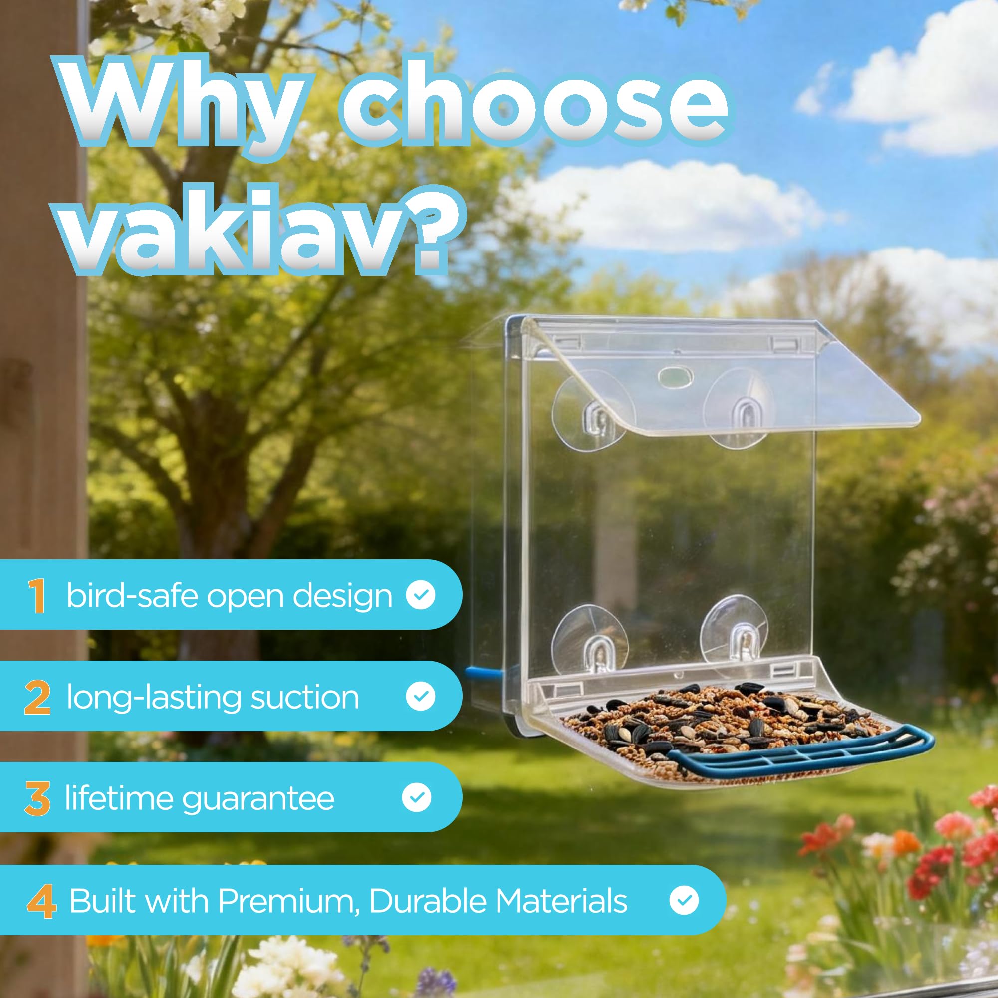 vakiav Window Bird Feeder close-up of lift-out tray