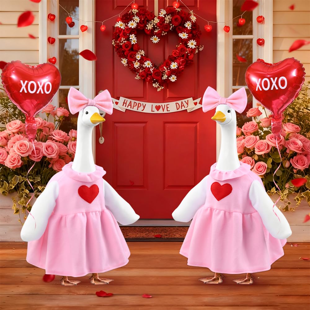 Valentine's Day goose outfit in a garden setting