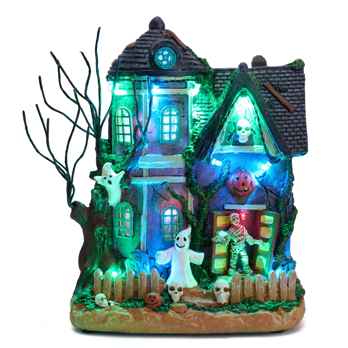 Valery Madelyn Halloween Village House front view with colorful lights