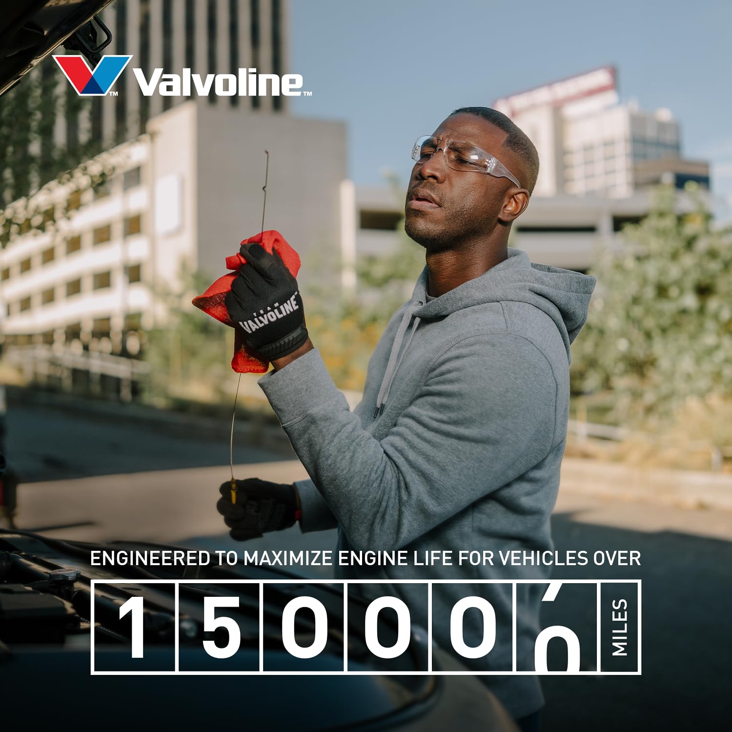 Valvoline High Mileage 150K 10W-30 Motor Oil in a workshop setting