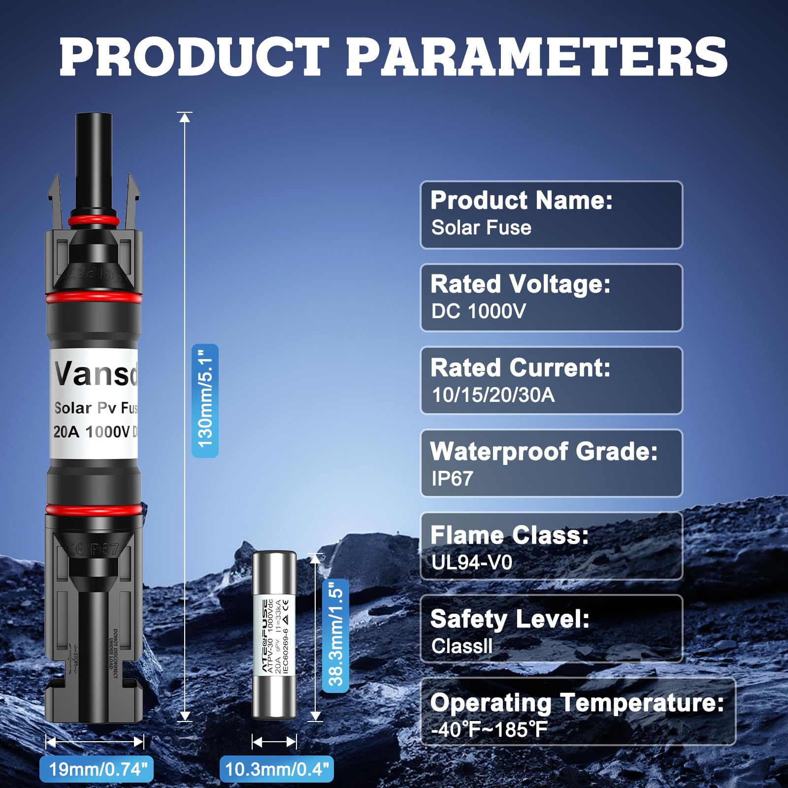 Vansdon Solar Fuse Holder Inline 20A with specifications highlighted