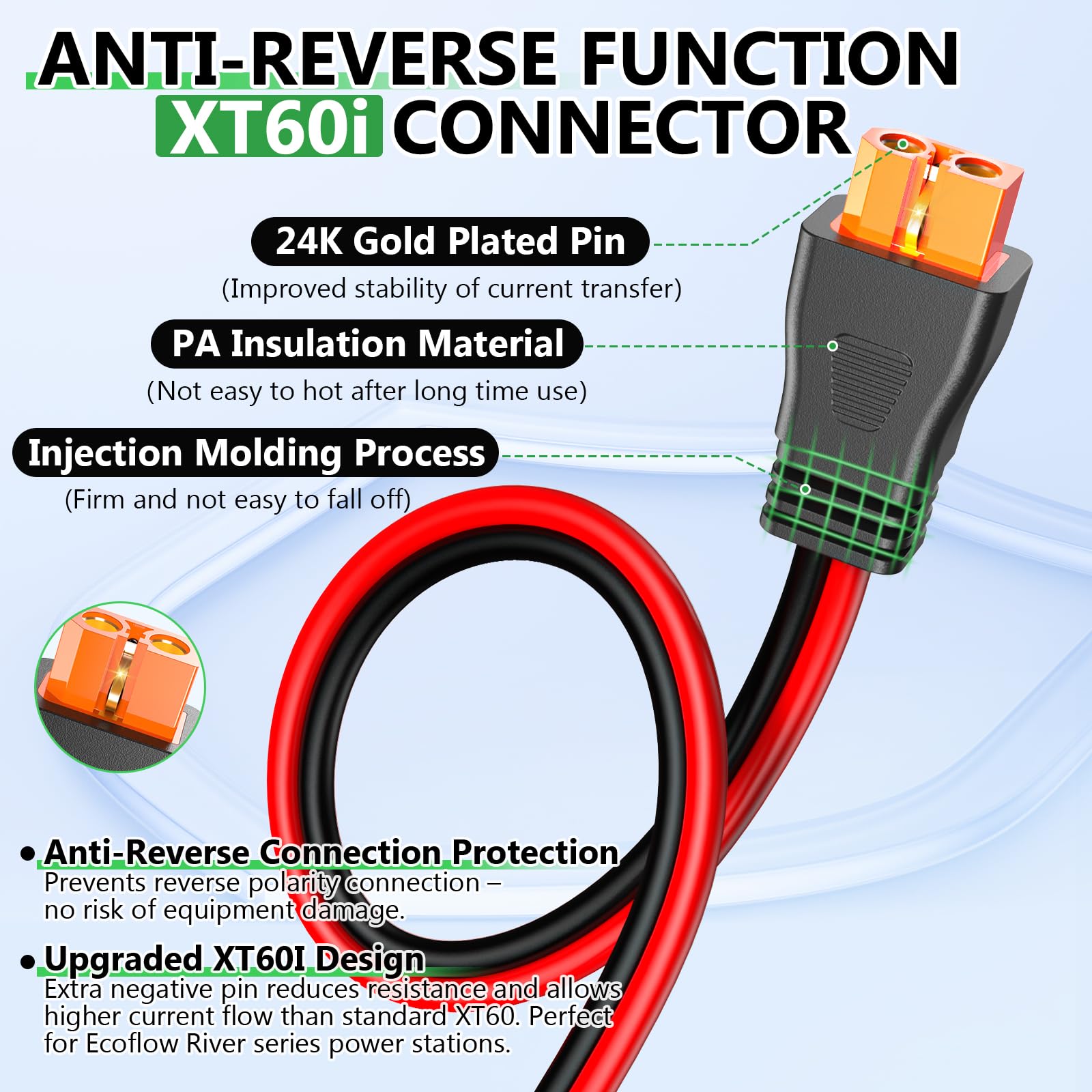 Vansdon XT60i connector close-up showing reverse polarity protection