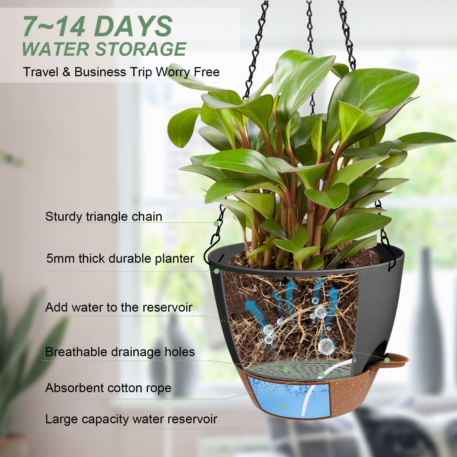 Vanslogreen 10 Inch Self-Watering Hanging Planter with cotton wick detail