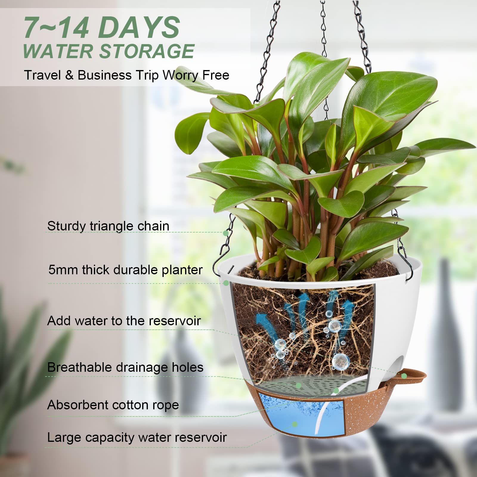 Vanslogreen 10 inch self watering hanging planter with plant, side view