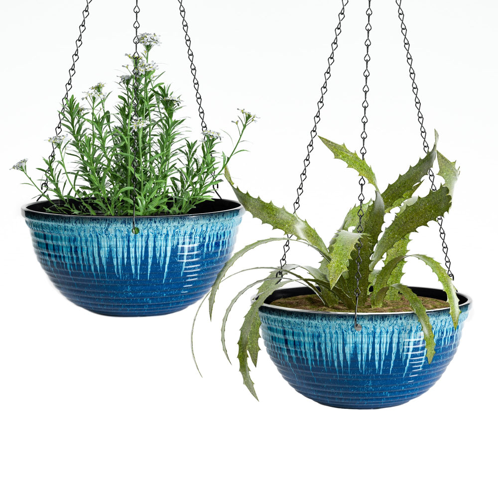 Vanslogreen 12 inch glazed hanging planter blue flow glaze front view