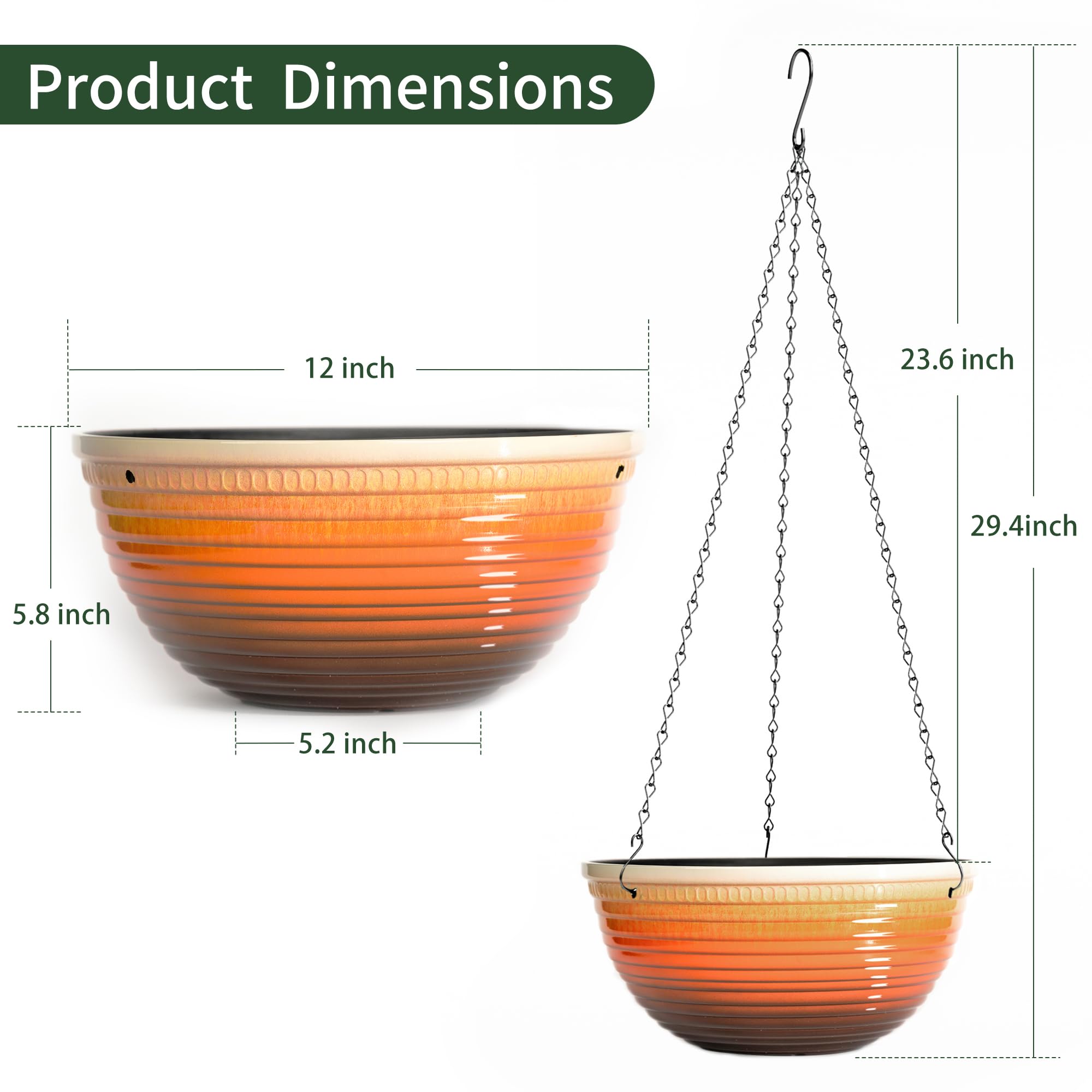 Vanslogreen 12 Inch Glazed Hanging Planter with chain and hook