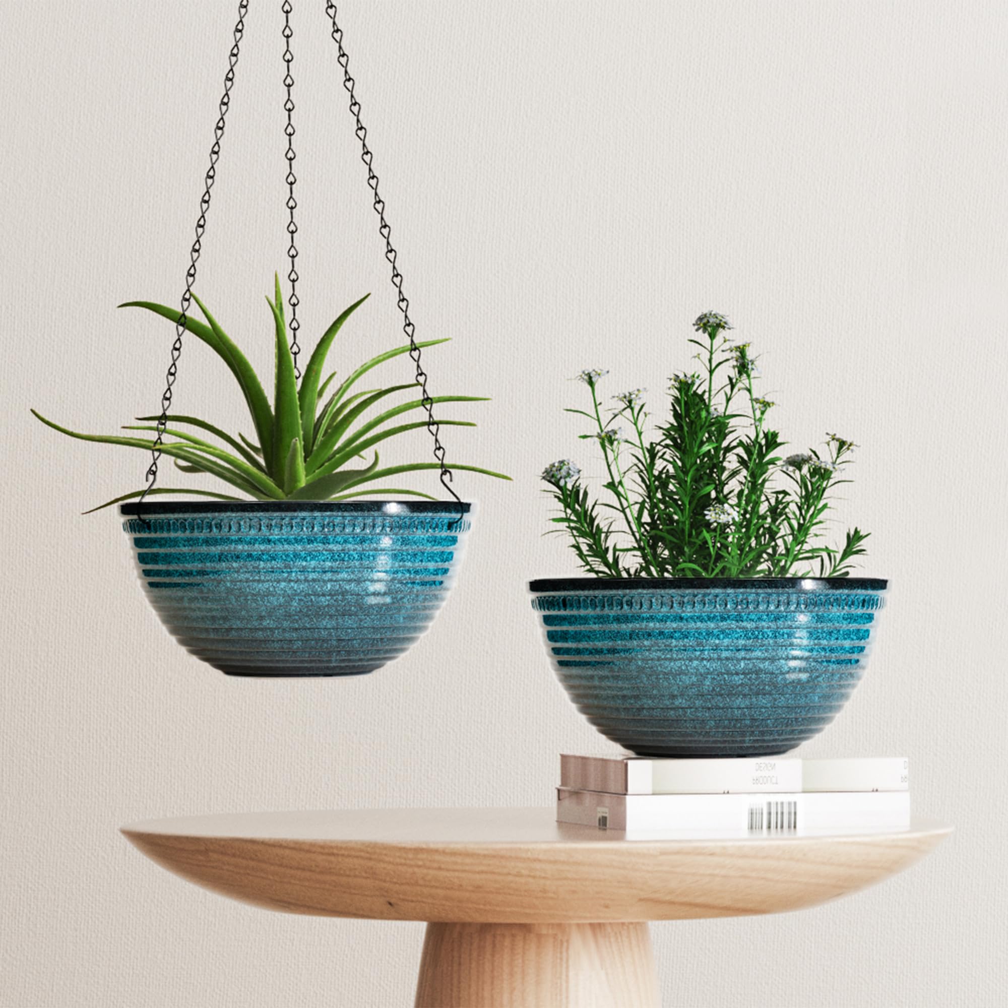 Vanslogreen 12 Inch Hanging Planter blue colour close-up