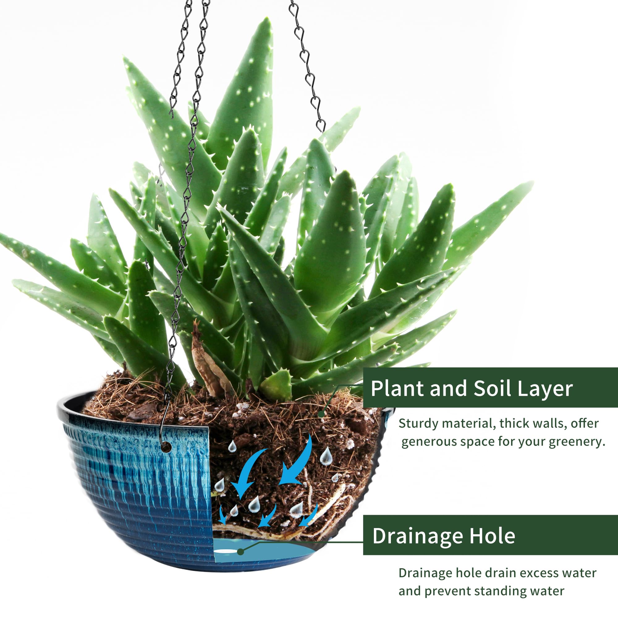 Vanslogreen 12 inch hanging planter blue flow glaze from above