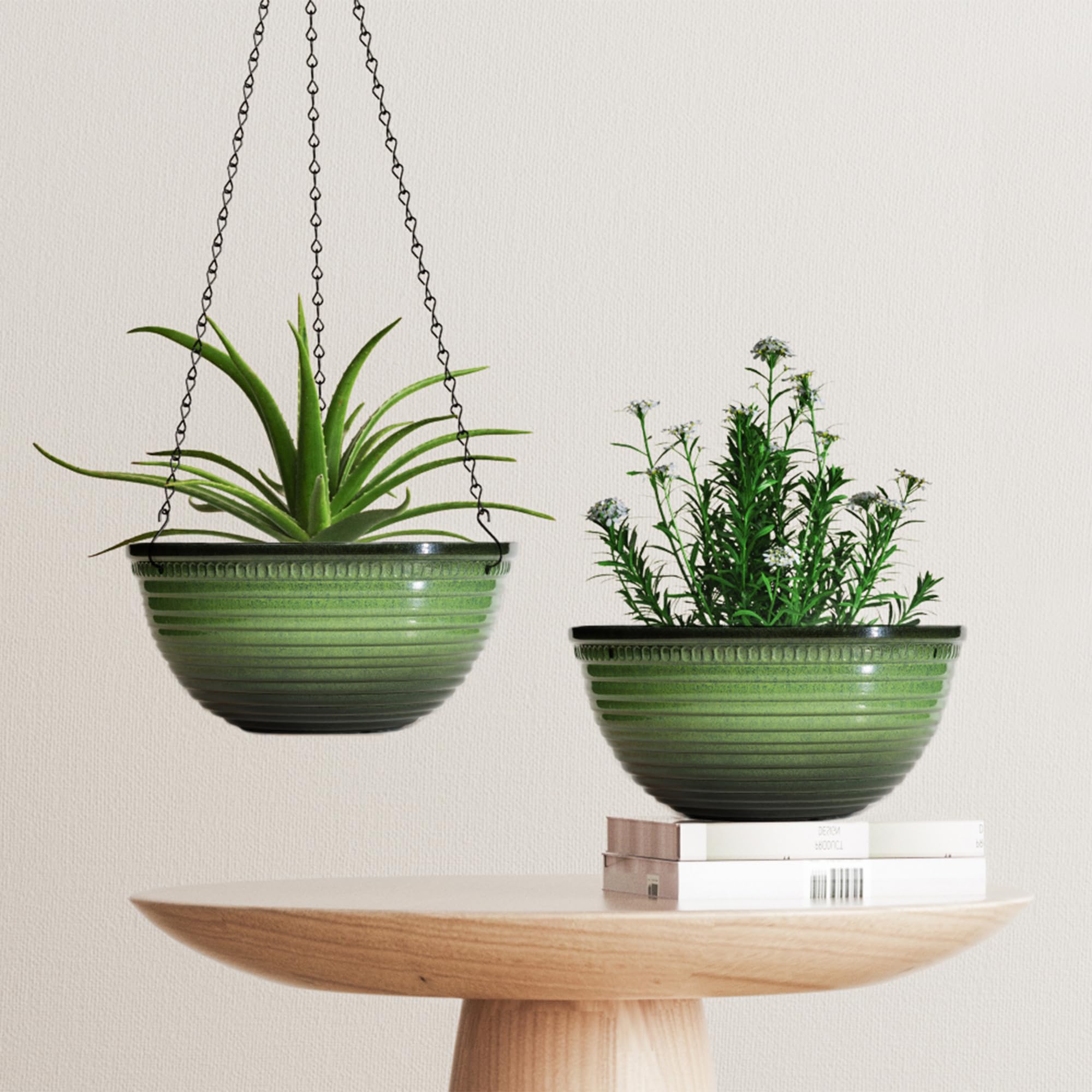Vanslogreen 12 Inch Hanging Planter placed on a table