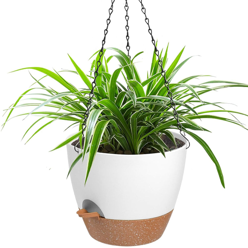 Vanslogreen 12 Inch Self-Watering Hanging Planter in white, front view