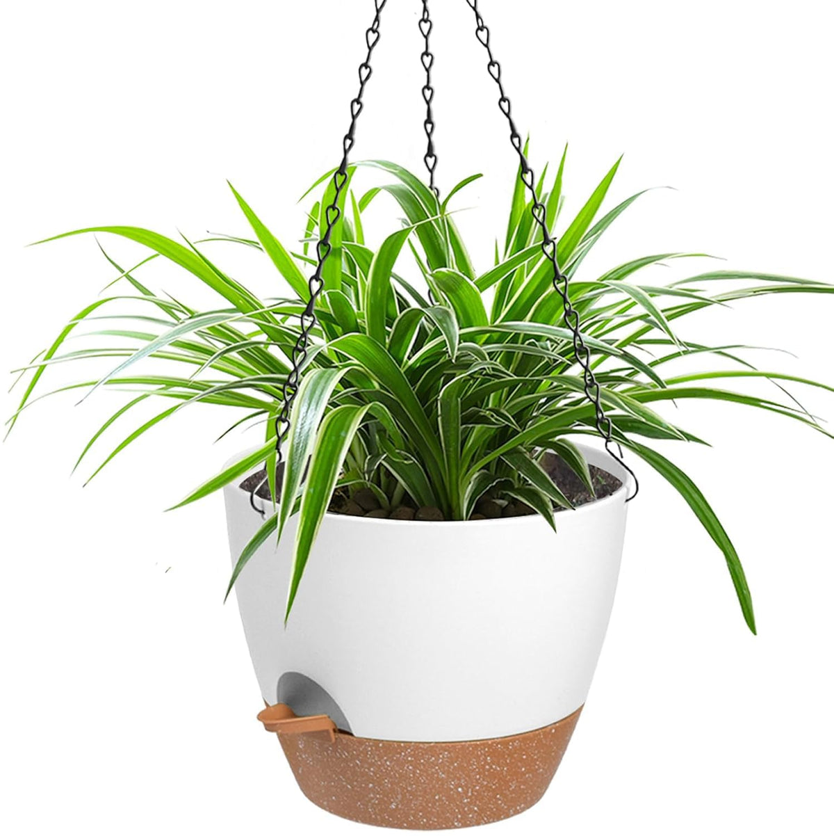 Vanslogreen 12 Inch Self-Watering Hanging Planter in white, front view