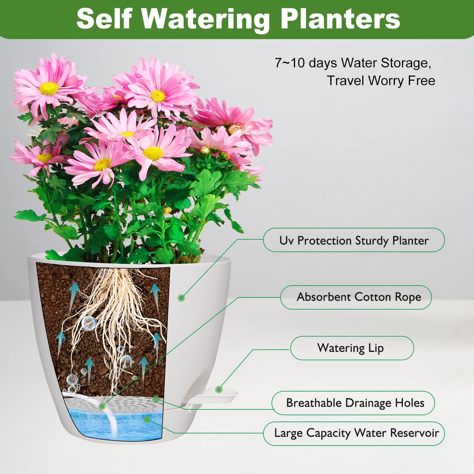 Vanslogreen 7 inch self watering pot with absorbent cotton rope