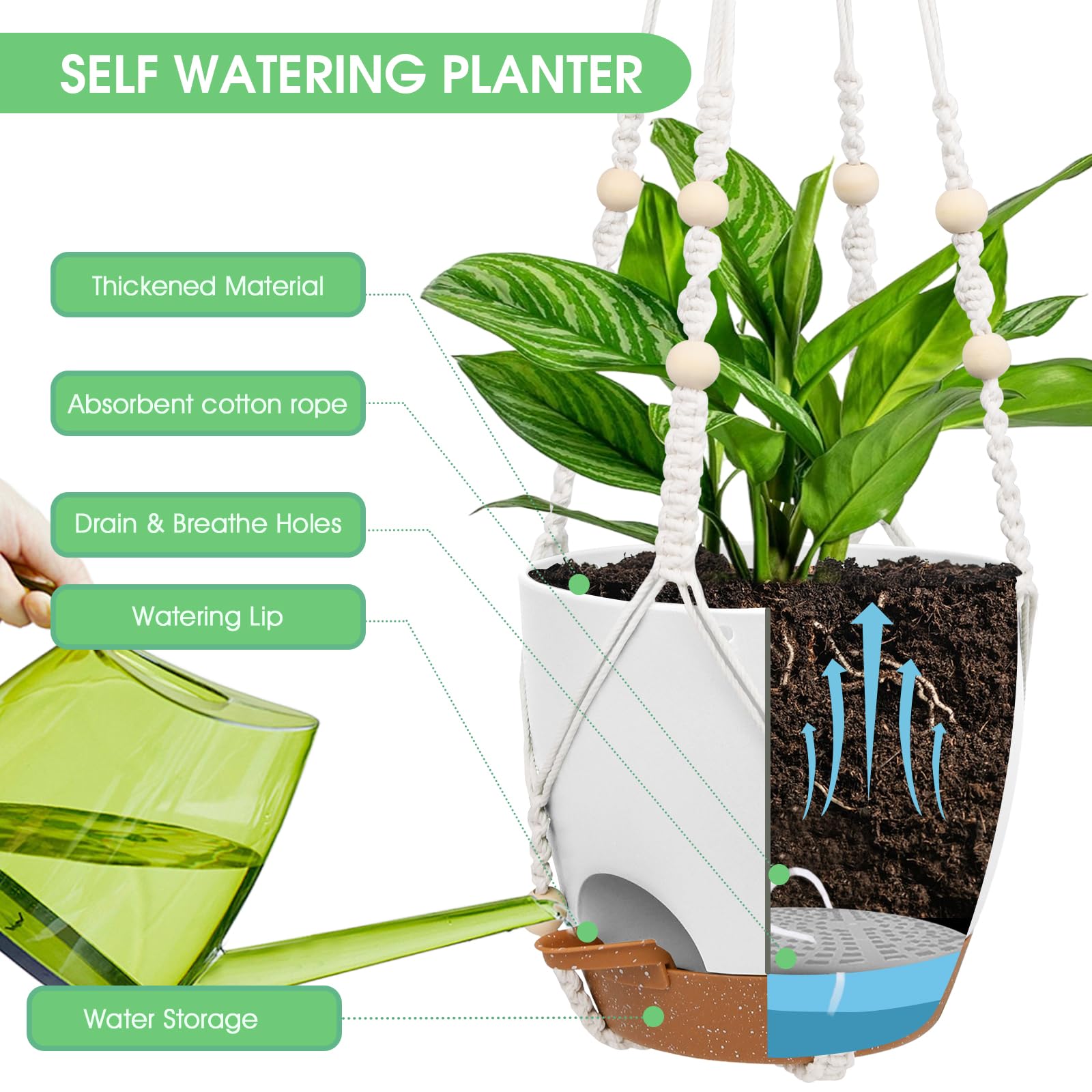 Vanslogreen hanging planter with rust-resistant chain and macrame hanger