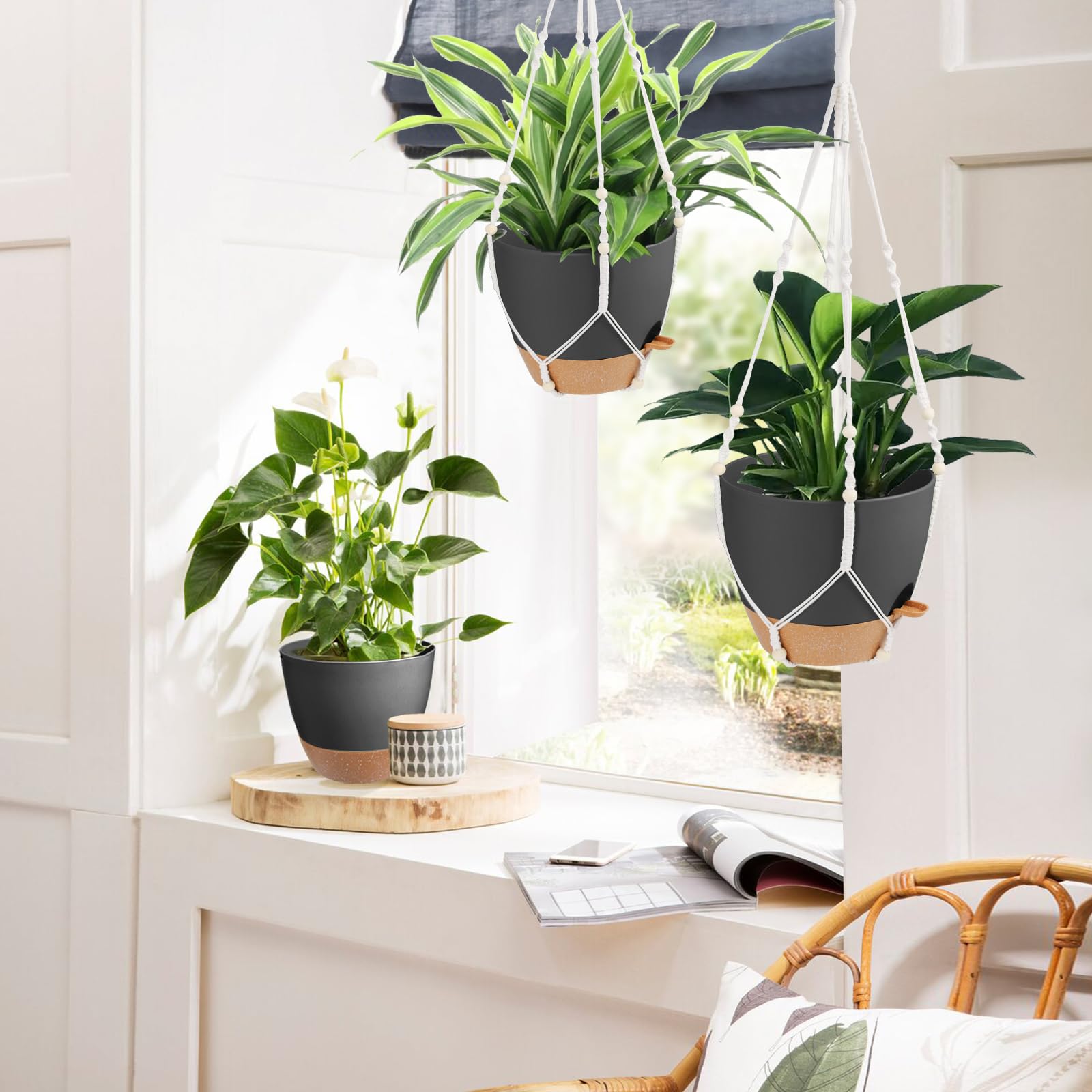 Vanslogreen Macrame Plant Hanger with plants in a garden setting