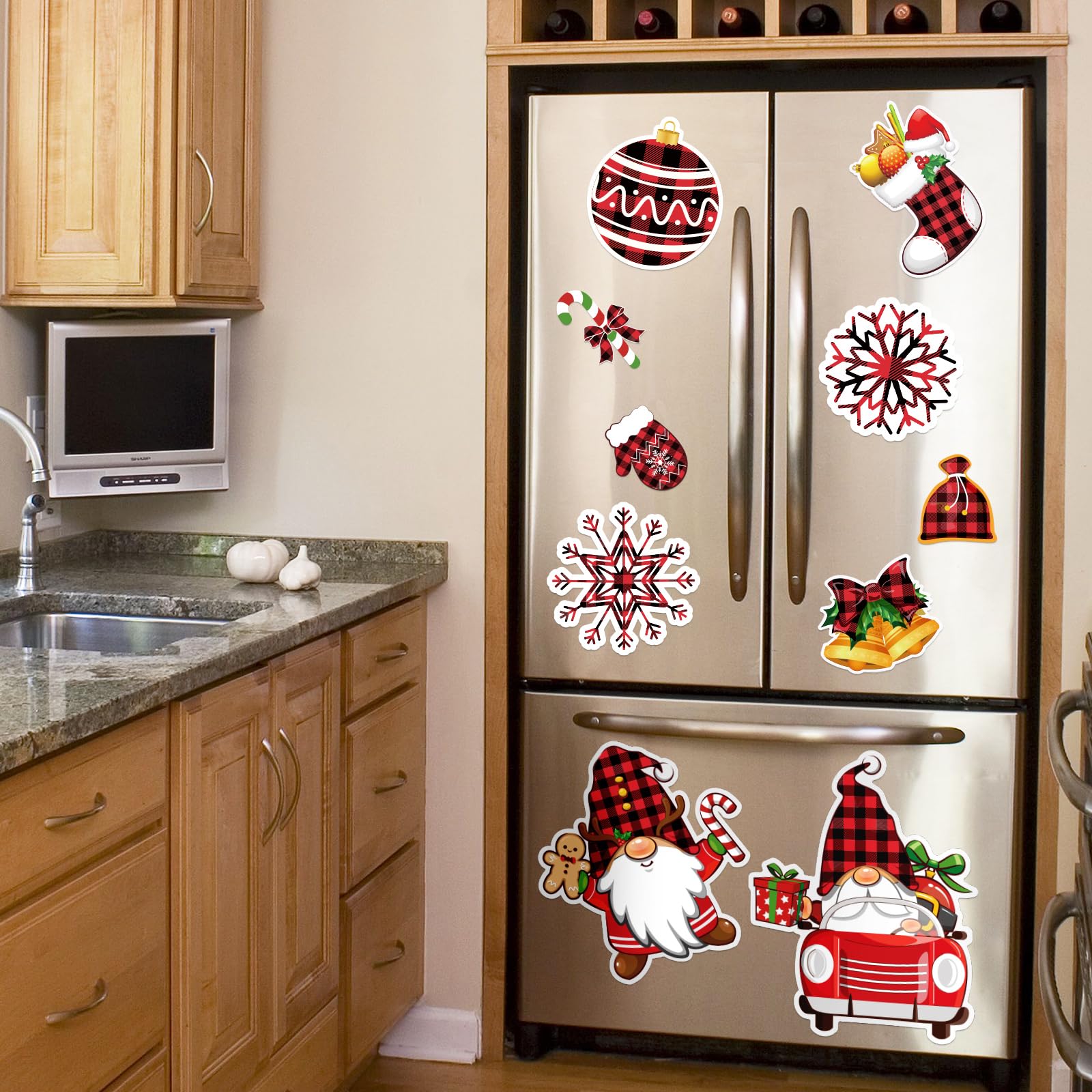 Variety of 90shine Christmas magnets displayed on a refrigerator