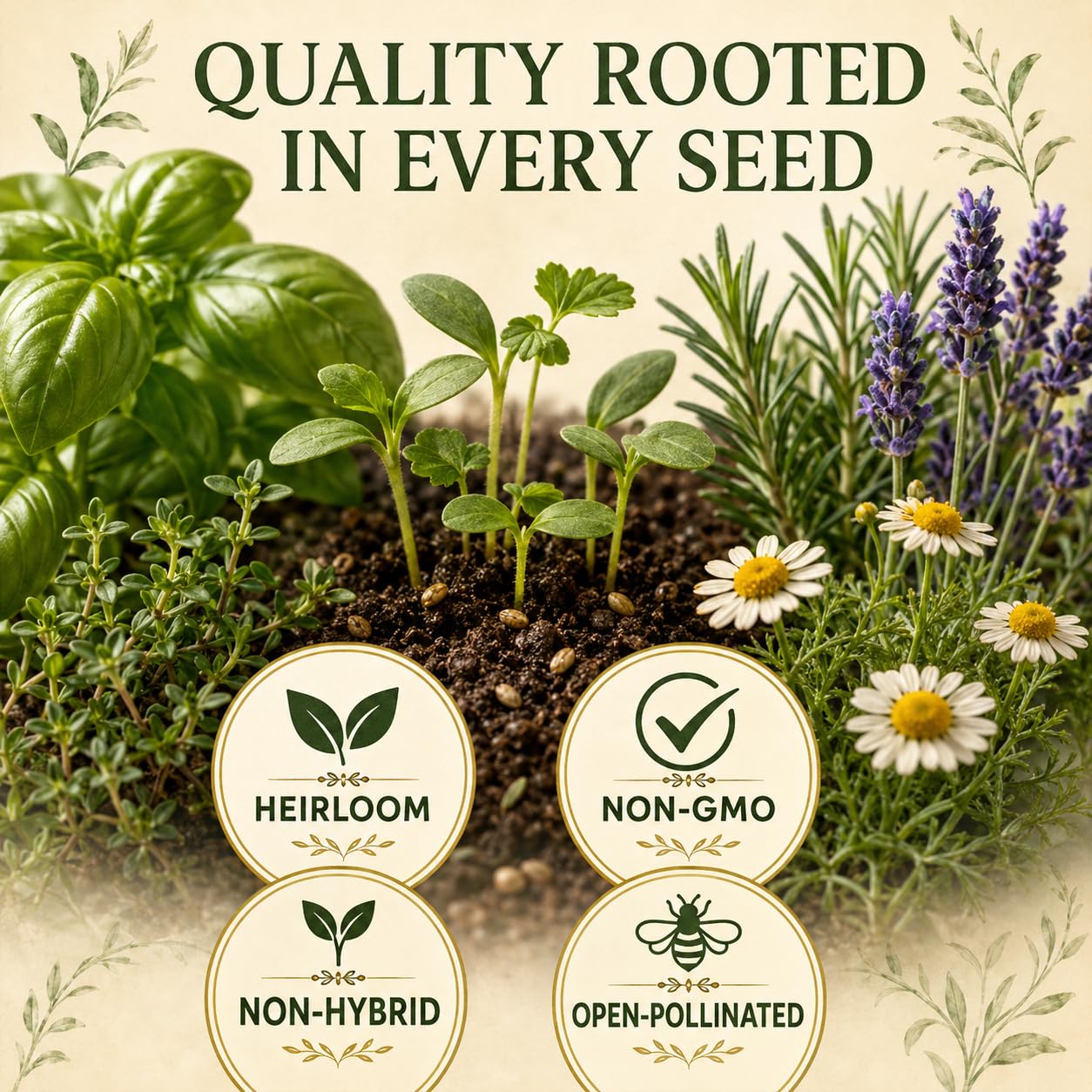 Variety of herb seeds including chamomile and cilantro