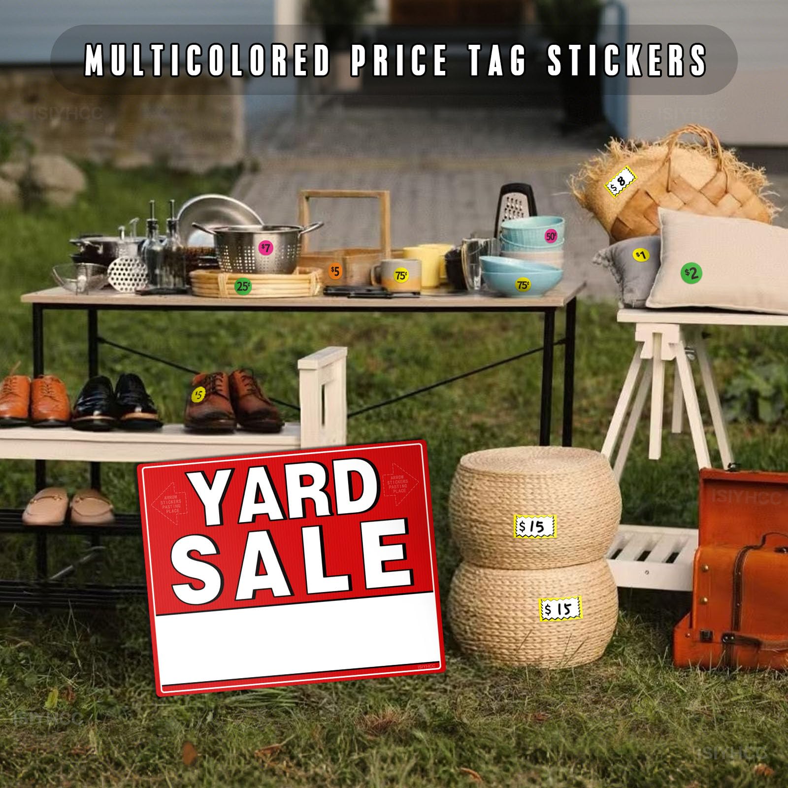 Variety of price stickers included in the yard sale signs kit