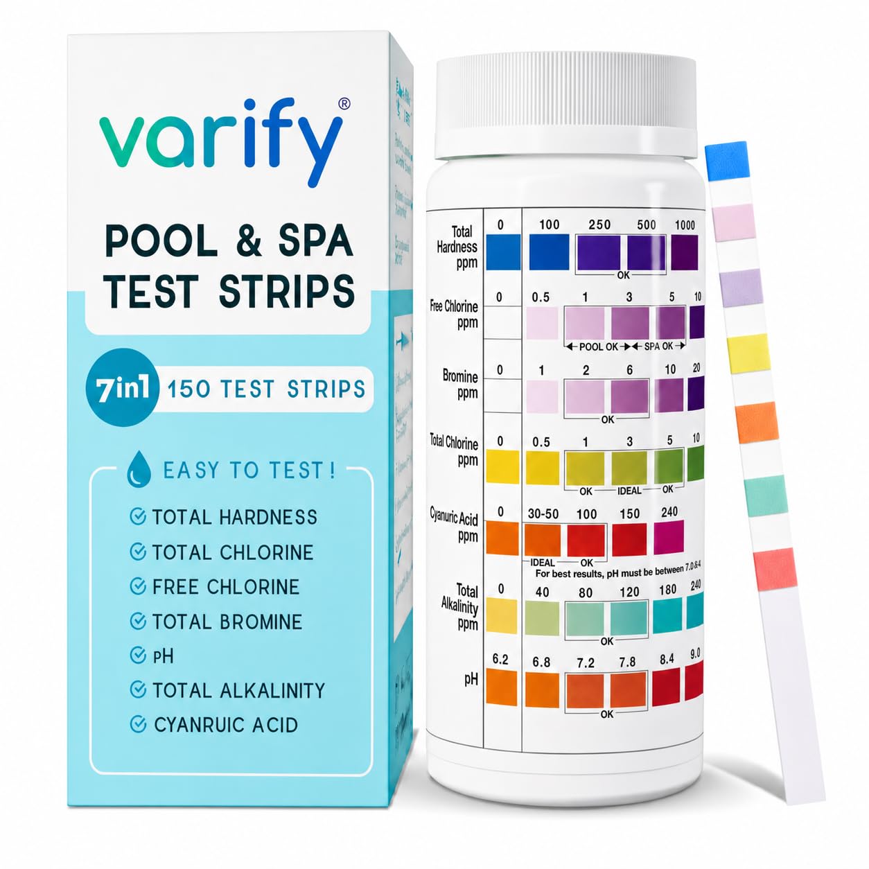 VARIFY 7-in-1 Pool Test Strips 150 count front view