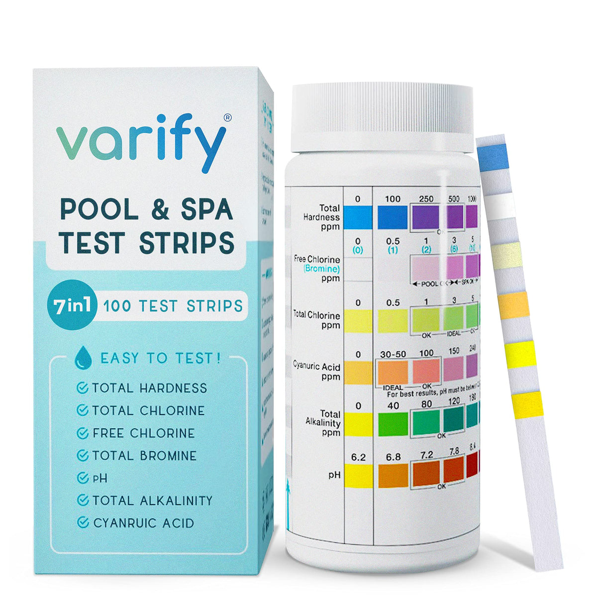 VARIFY 7in1 Pool Test Strips front view with packaging
