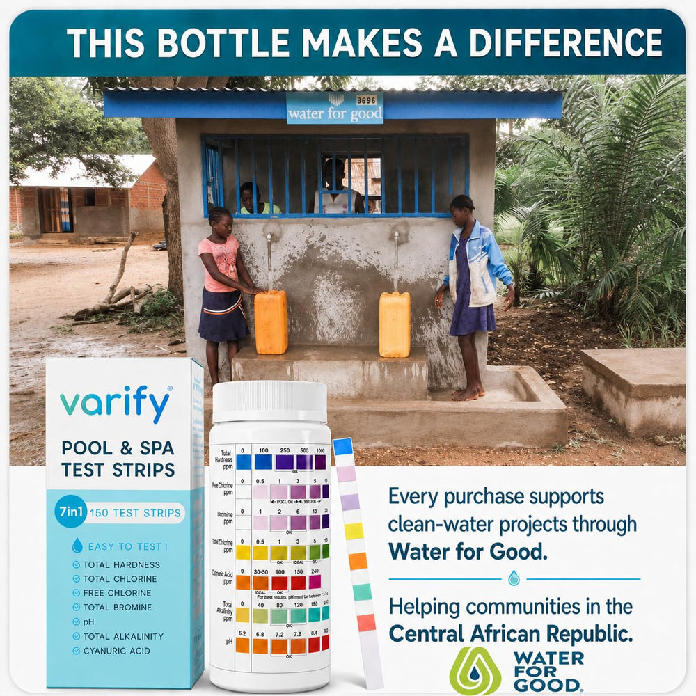 VARIFY test strips alongside clean pool water