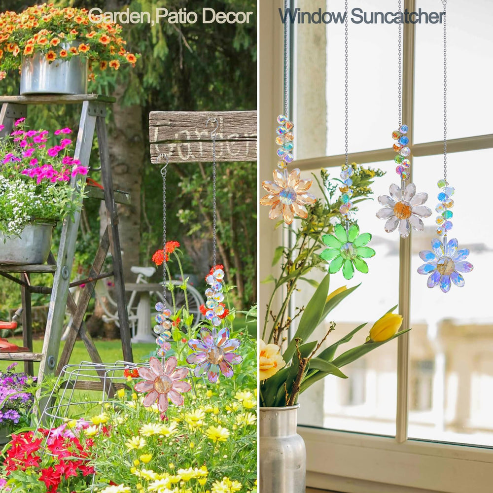Various Lumiti Crystal Sunflower Suncatchers hanging on a window