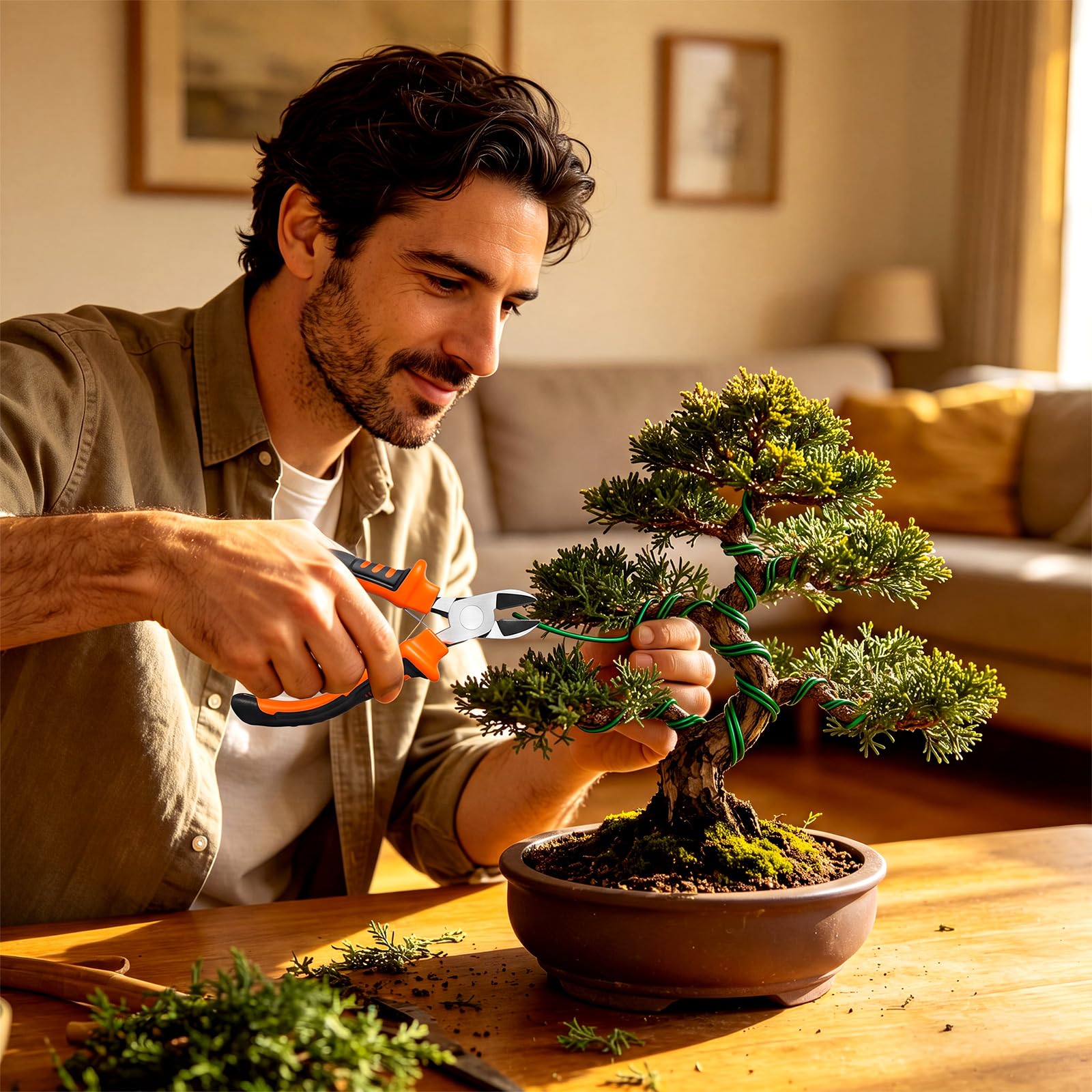 Various sizes of green bonsai wire laid out