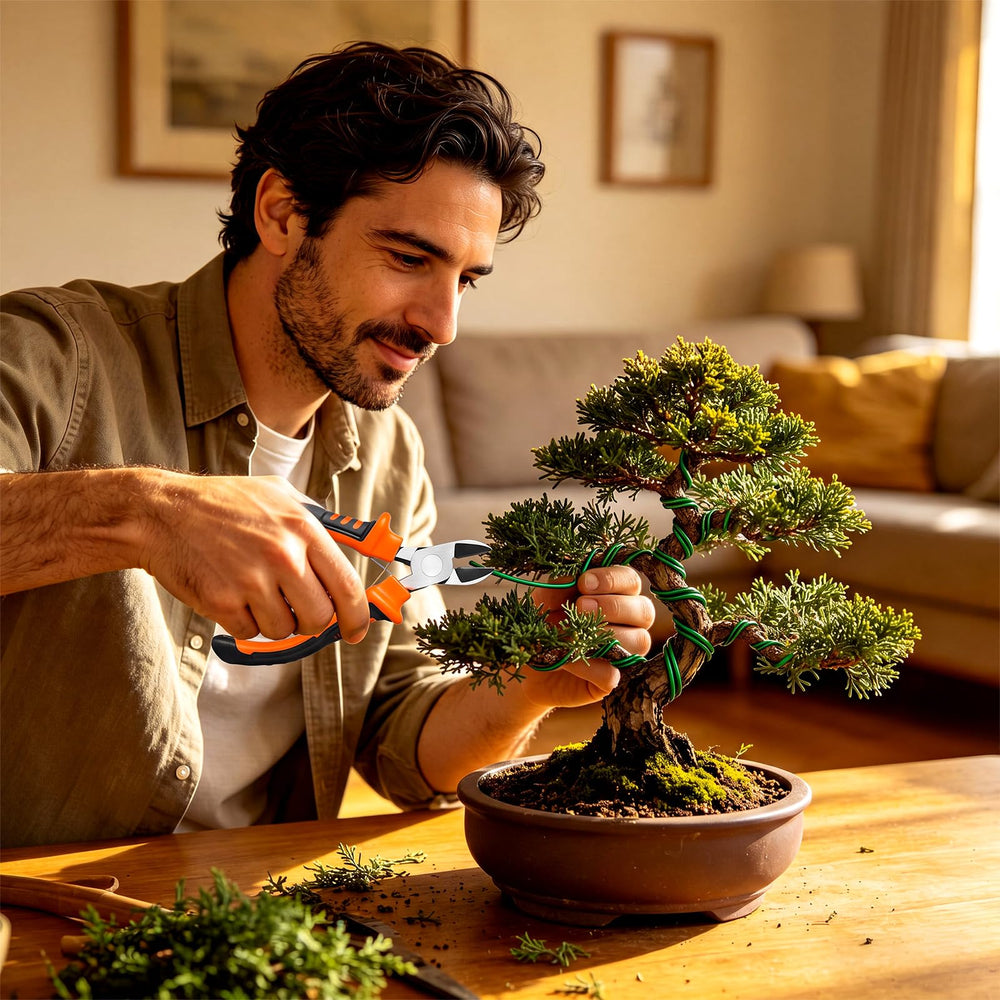 Various sizes of green bonsai wire laid out