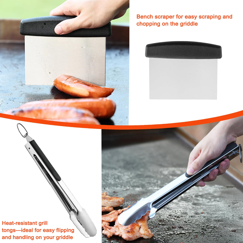 Various tools from the DY DECENT FAMILY Griddle Accessories Kit arranged